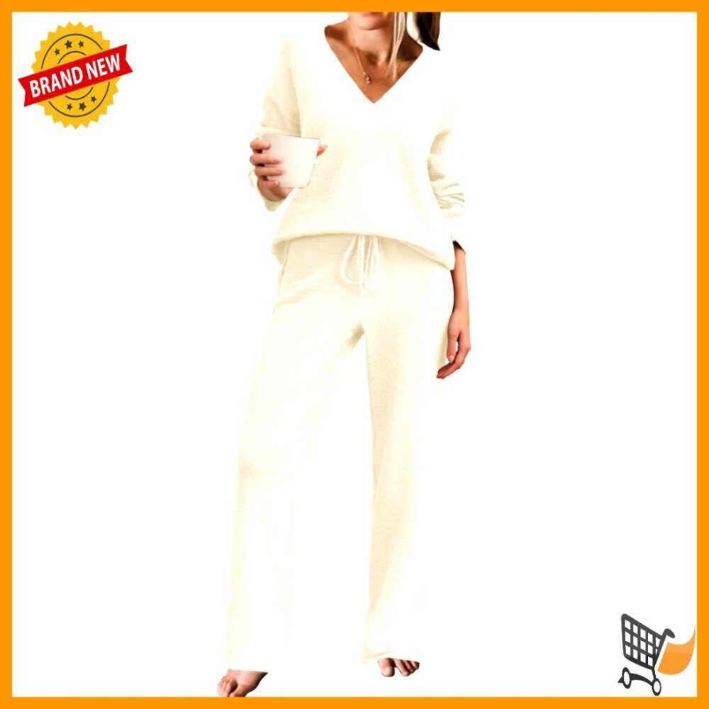 Fuzzy Fleece Pajama Set Long Sleeve Sweater Top Wide Leg Pants Lounge Wear